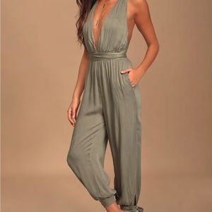 Lolinda Washed Olive Green Convertible Halter Jumpsuit